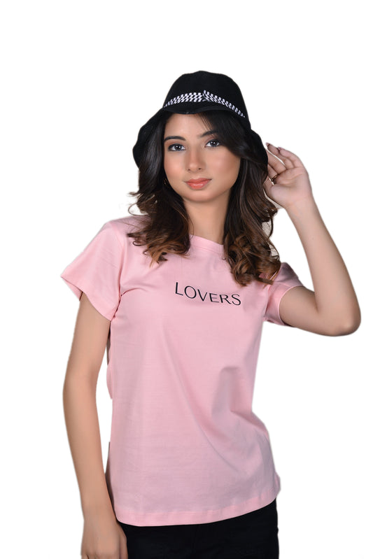 Women's Baby Pink Lovers Graphic Printed Classic Fit Tshirt