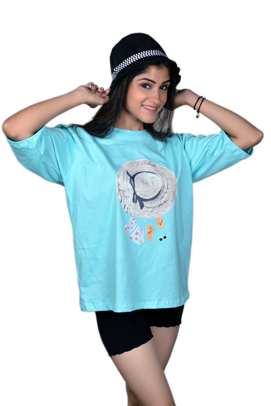 Women's Sky Blue Beach Graphic Printed Oversize Tshirt