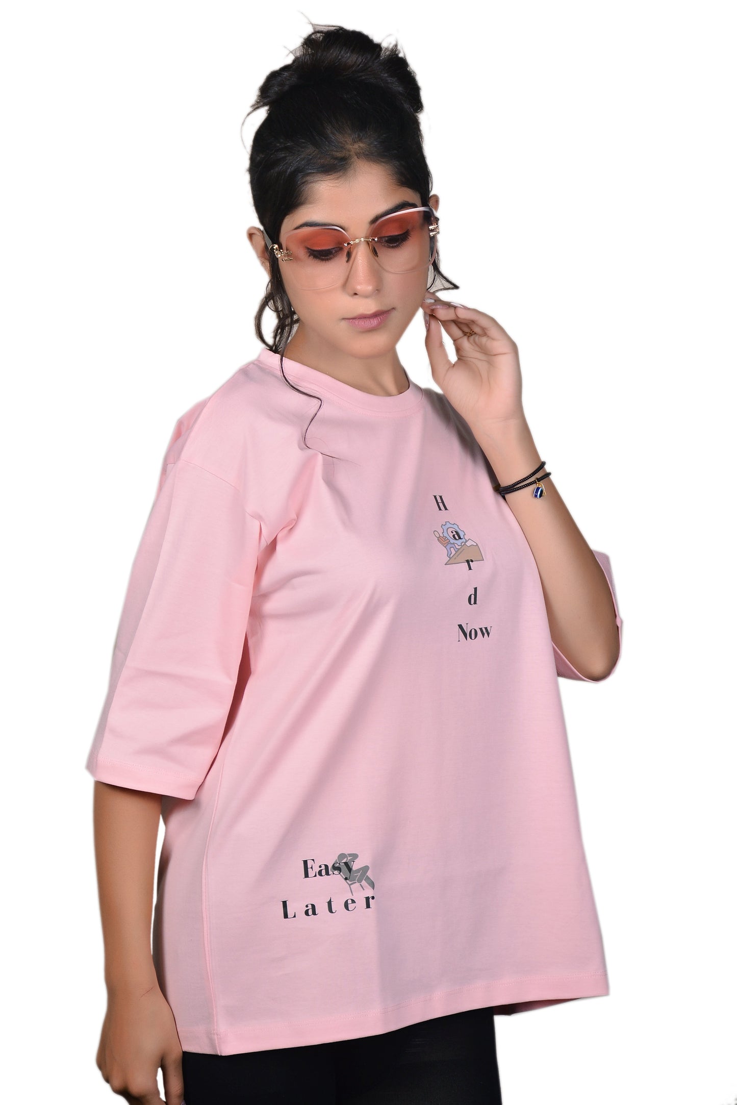 Women's Pink Hard Now Easy Later Oversize Tshirt