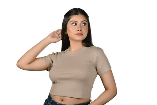 Women's Beige Rib Crop Tshirt