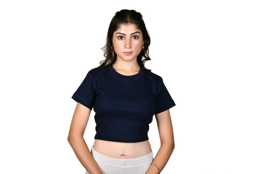 Women's Navy Blue Rib Crop Tshirt