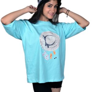 Women's Sky Blue Beach Graphic Printed Oversize Tshirt