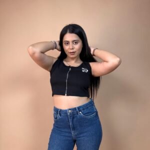 Women's black numbers print tank top with zip